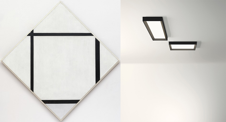 Tableau1: Lozenge with Four Lines and Gray (Mondrian, 1926) / lampada da soffitto UP (design di Ramos & Bassols) 